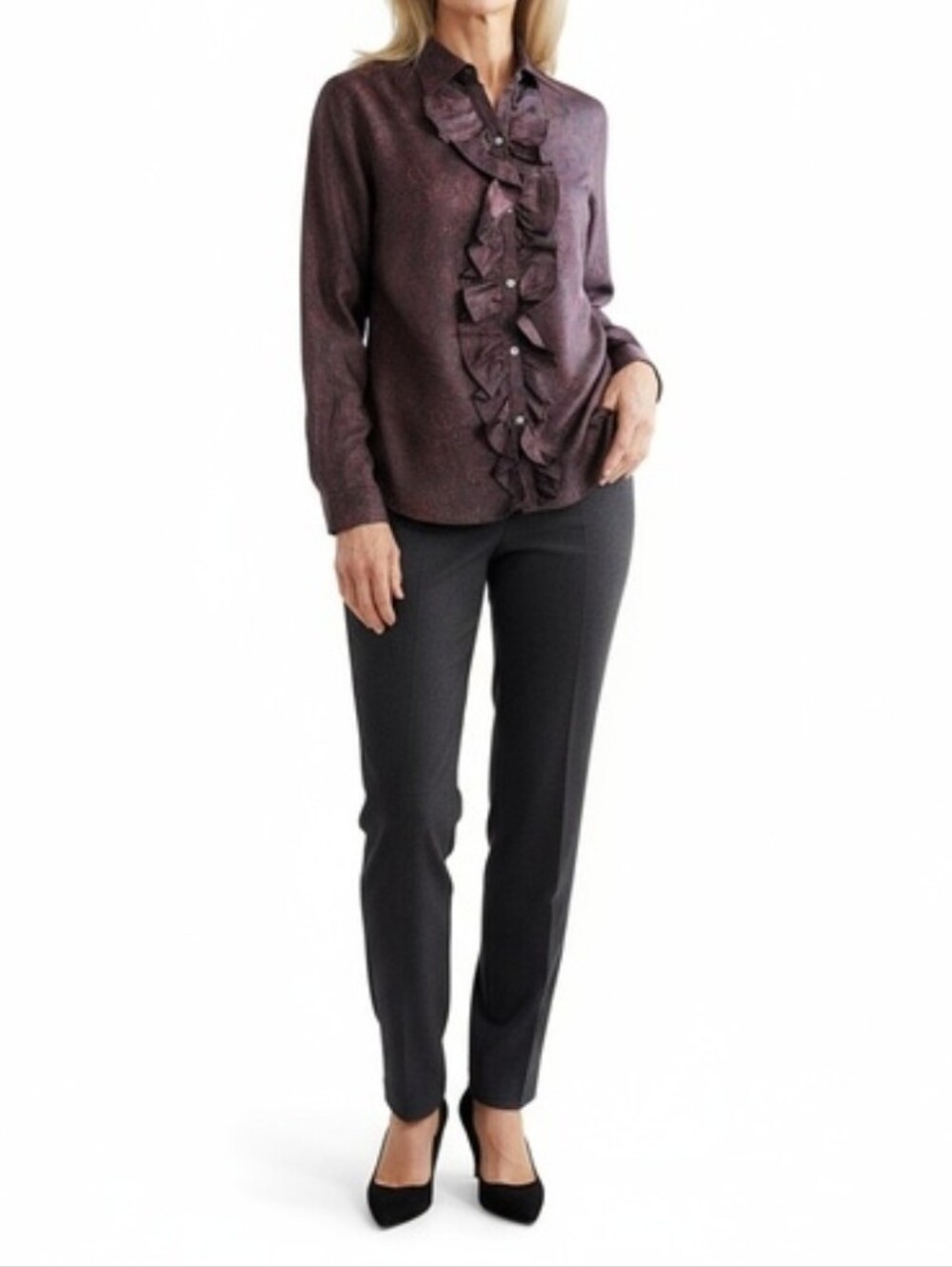 Ralph Lauren Women's 100 % Silk formal blouse paisley print  ruffle front Size L - Picture 2 of 16